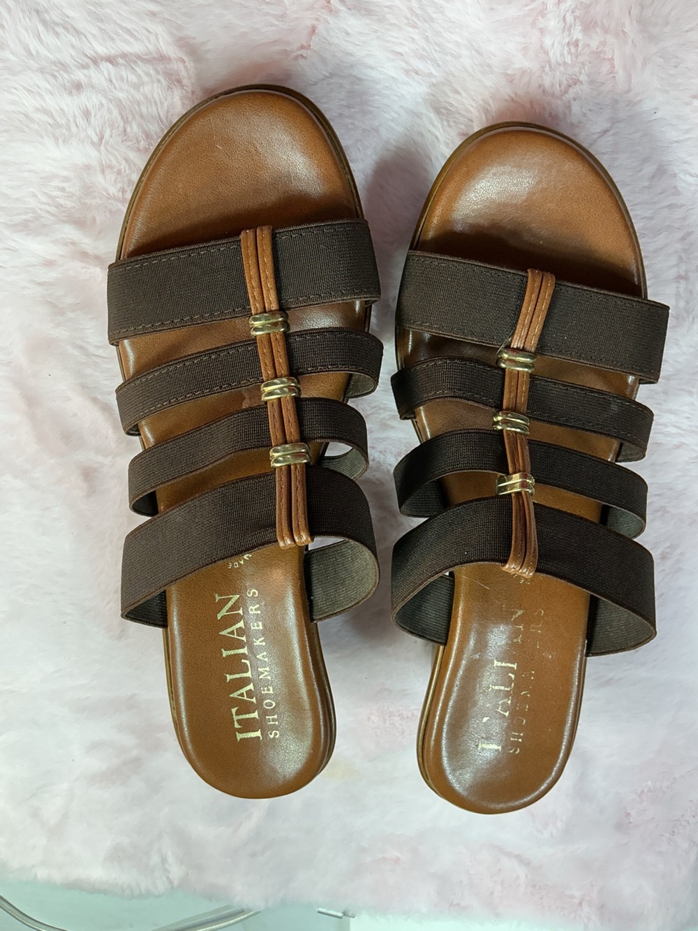 Italian Shoemakers Dark Brown Multi-strap Slide Sandals with Gold Accents c132
